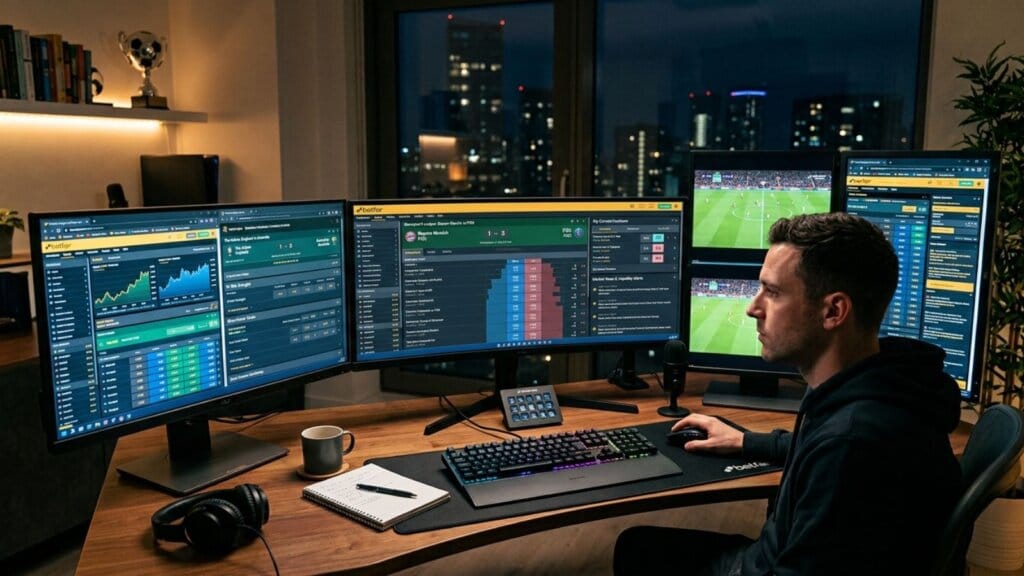 Setup para Trading Esportivo: Mitos, Ferramentas e Produtividade 1 Setup para trading esportivo com multi-telas.