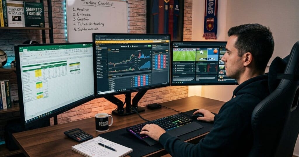 Setup para trading esportivo com três monitores.