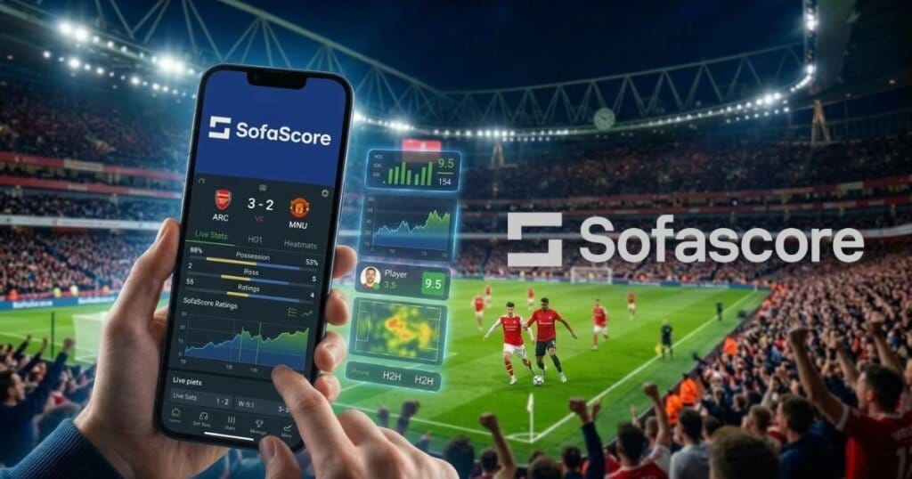 Apresentação de tutorial Sofascore ao vivo no smartphone.