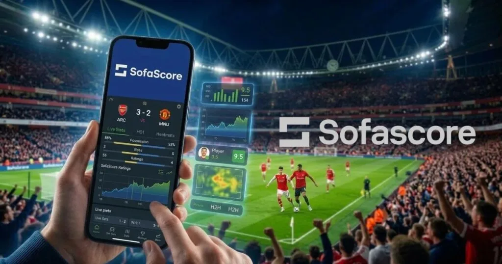 Apresentação de tutorial Sofascore ao vivo no smartphone.